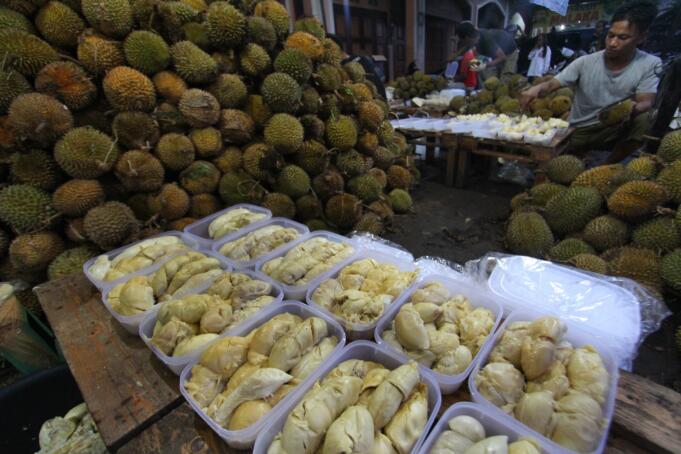 Pedagang menyortir buah durian yang sudah dibuka untuk dipaketkan di Medan, Sumatera Utara, Selasa (3/1).